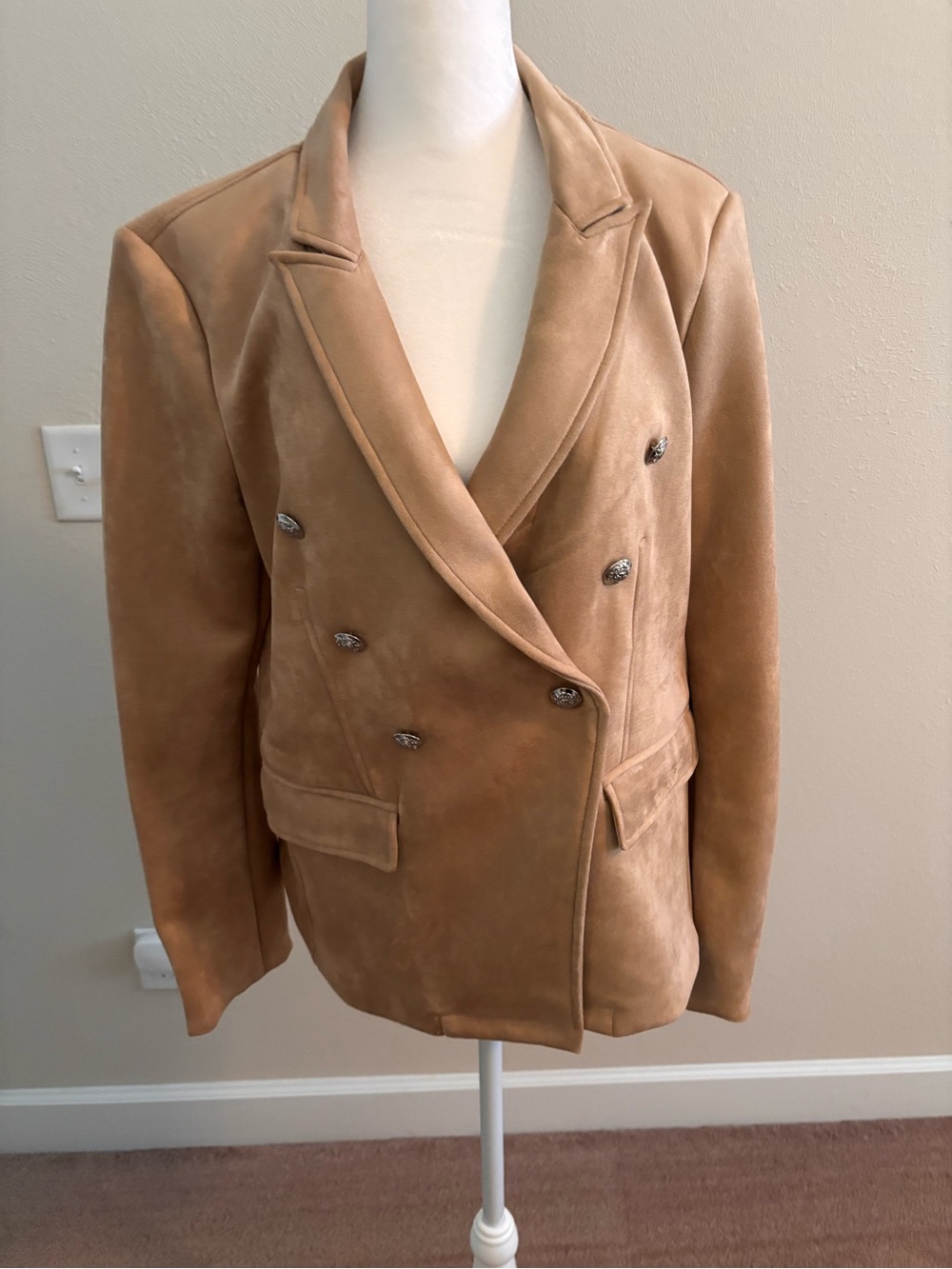 Tahari Tan Suede Double-Breasted Blazer